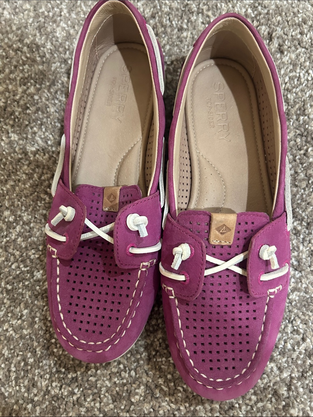 Sperry Magenta Perforated Slip-On Loafers with White Laces - Picture 1 of 5